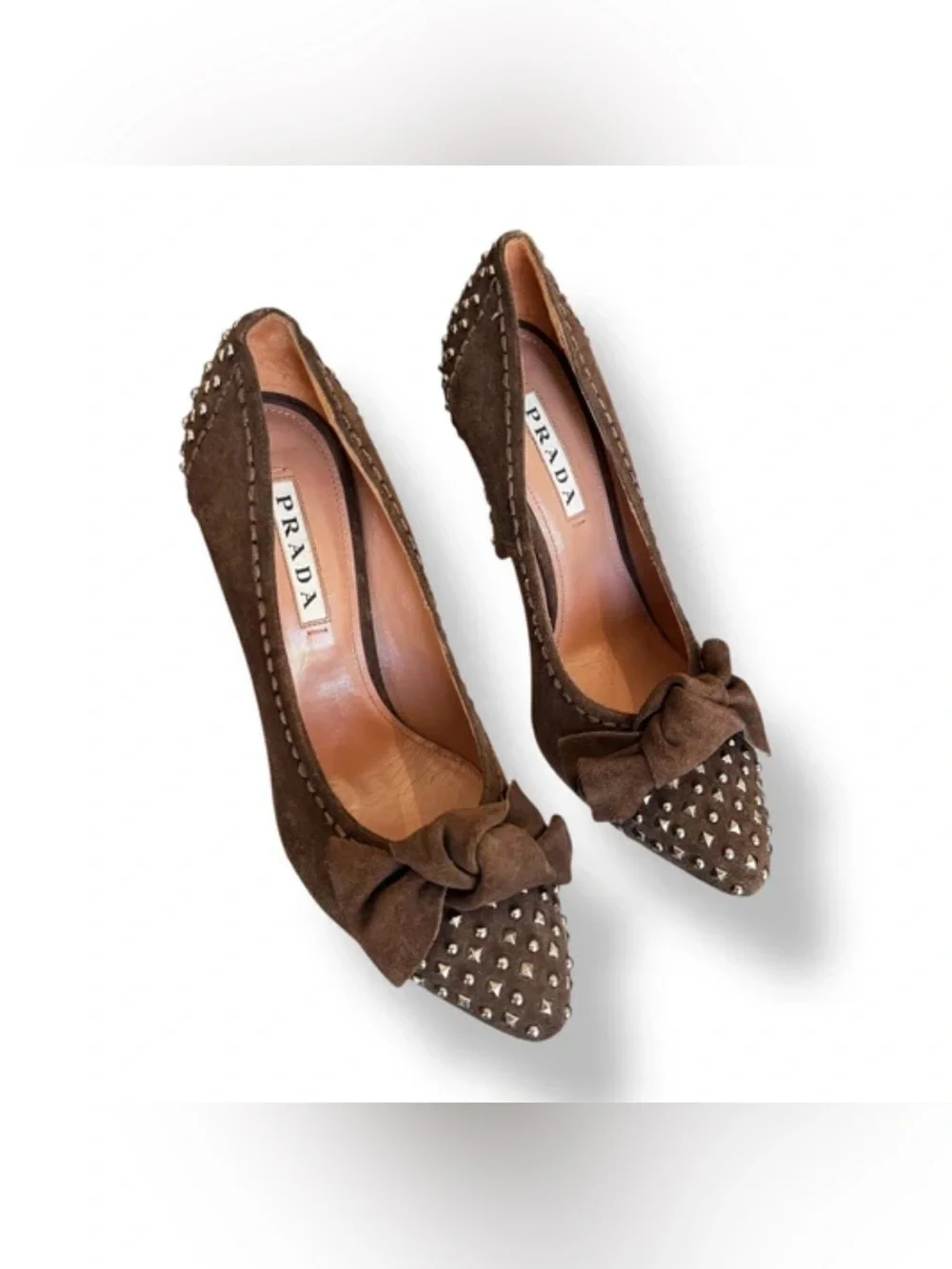 🍸 Prada Brown Suede Pointed-Toe Studded Bow Pumps 🍸